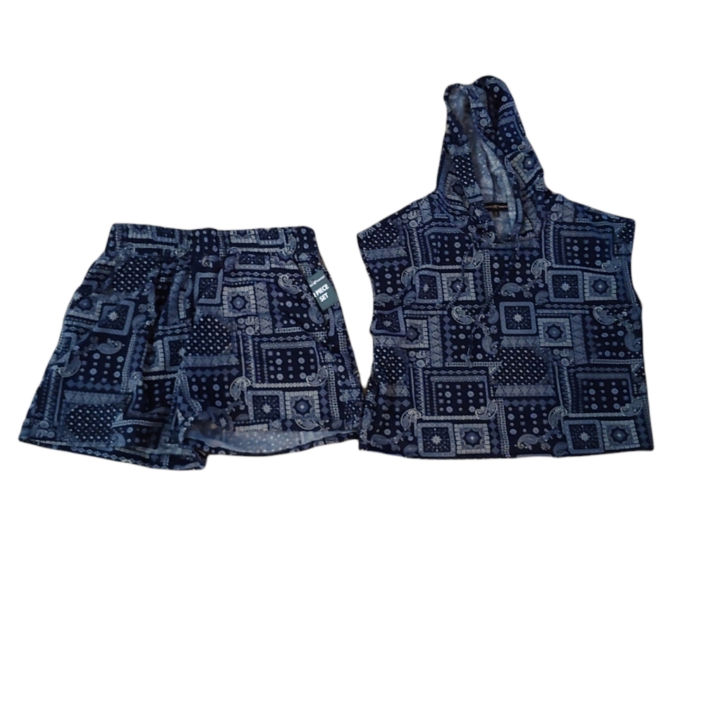 1X Short set blue & white bandana print sleeveless hoodie top elastic waist